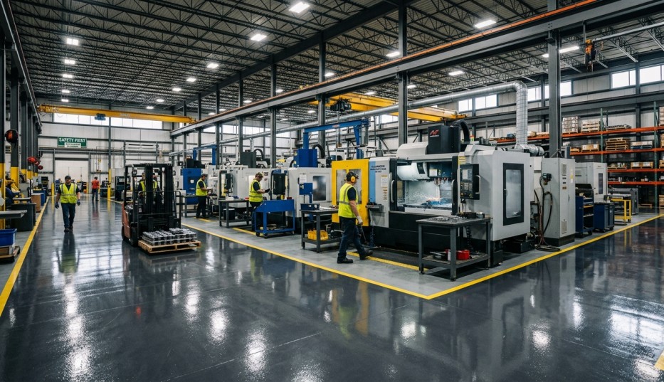 Industrial flooring coating system protecting factory floor from heavy machinery and chemical exposure in modern warehouse environment