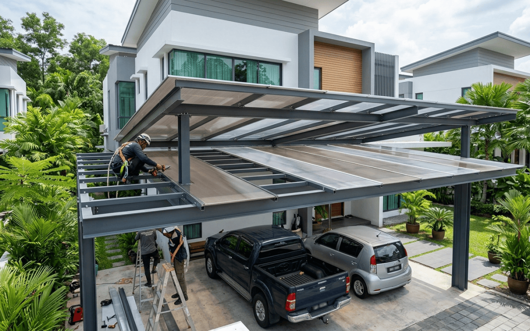 Polycarbonate roofing canopy installed on modern Malaysian house car porch for outdoor protection and shade